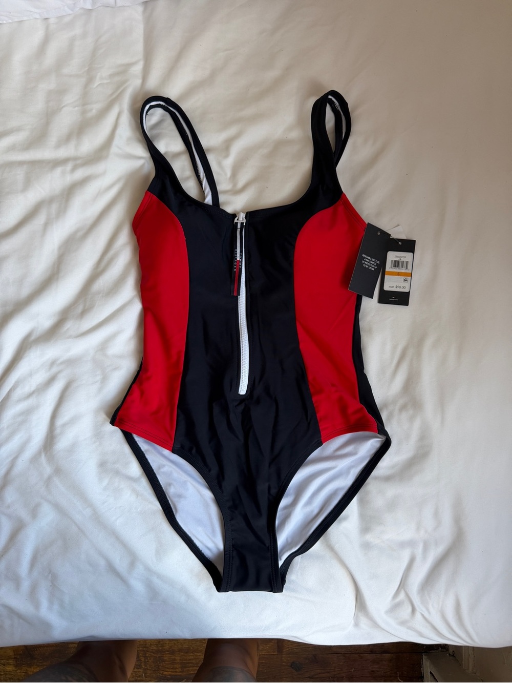 Black & Red Front-Zip One-Piece Swimsuit Tommy Hilfiger